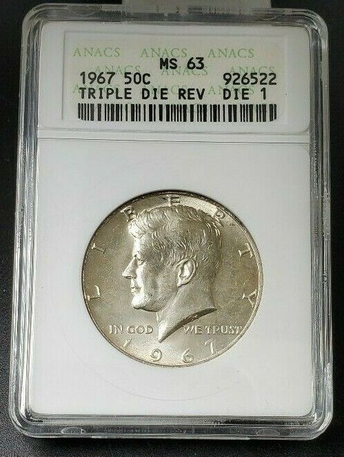 1967 SMS P SILVER KENNEDY HALF DOLLAR ANACS MS63 TDR Triple Die Reverse