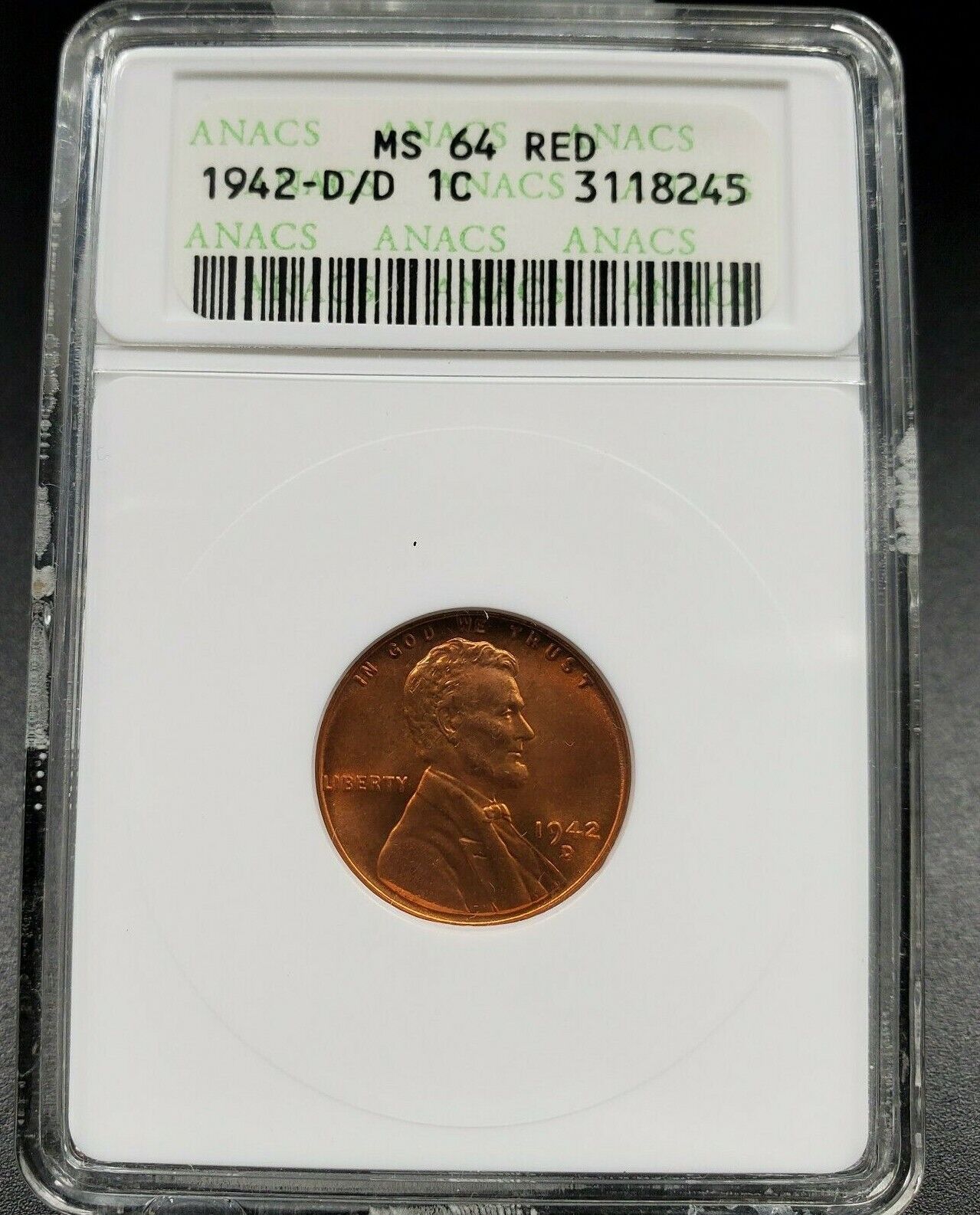 1942 D Lincoln Wheat Cent Penny Coin Variety ANACS MS64 RED RPM 013 DMR-021