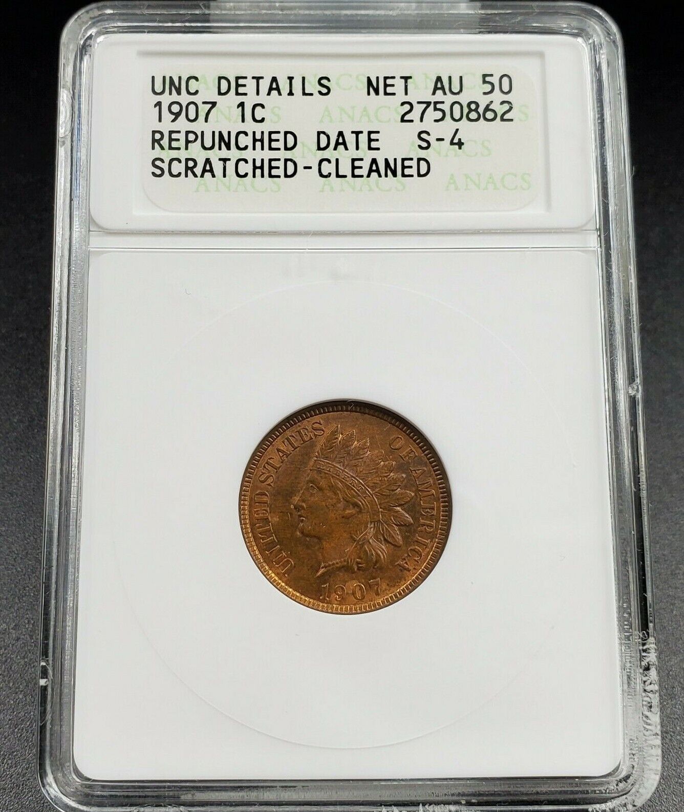 1907 P Indian Cent Penny Coin ANACS UNC Details RPD 004 S-4 Repunched Date
