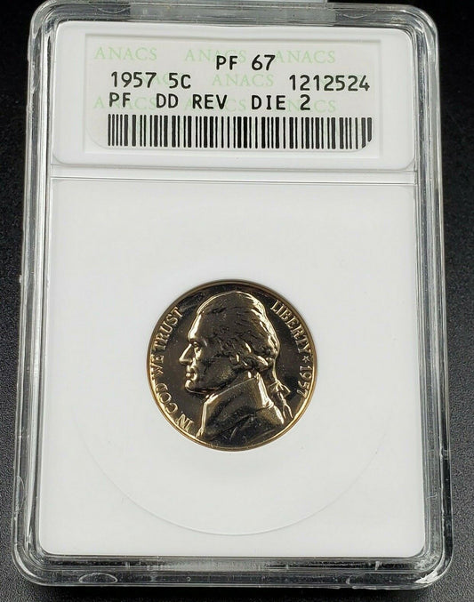 1957 Proof Jefferson Nickel ANACS PF67 DDR Double Die Reverse 002 DMR-006