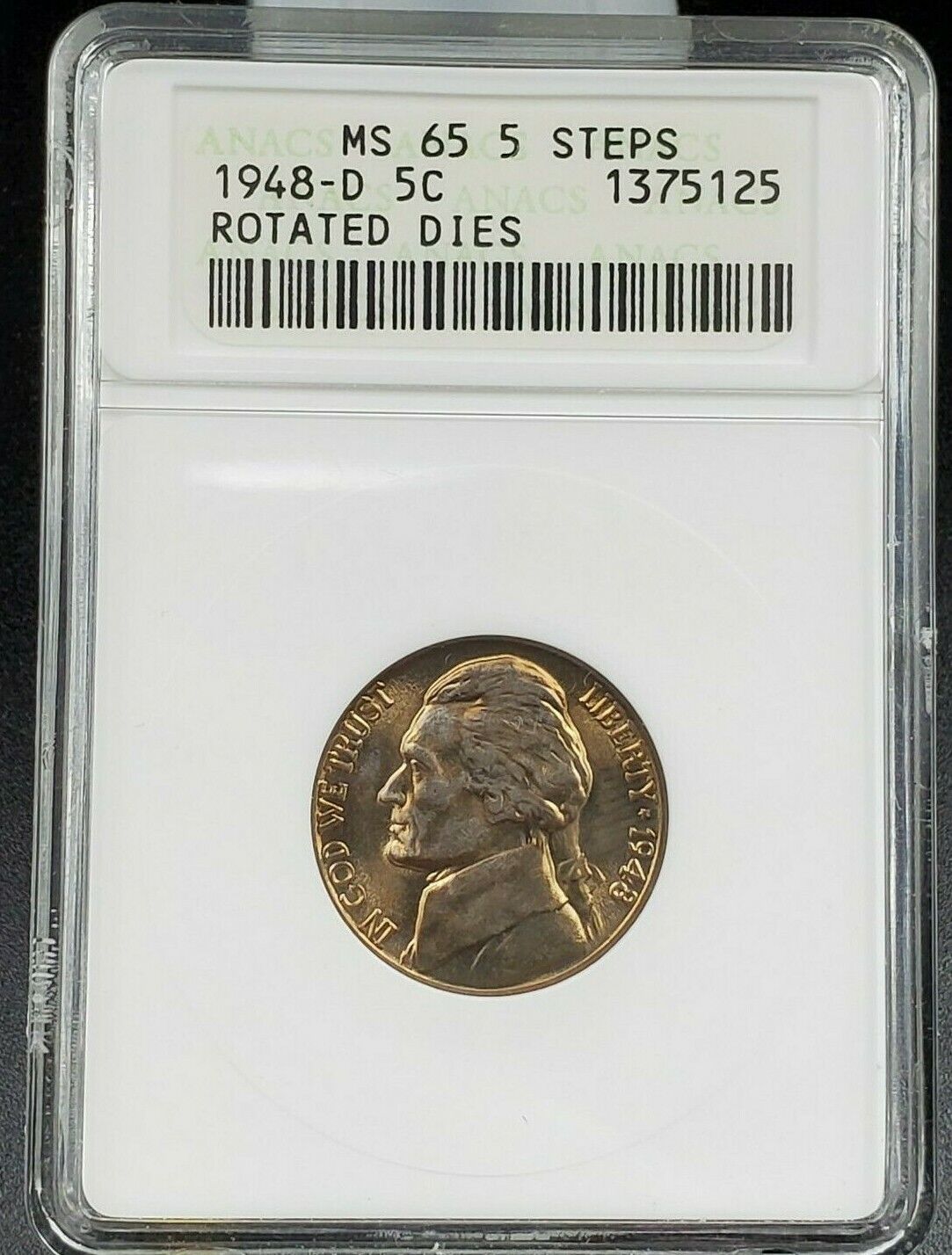 1948 D Jefferson Nickel MS65 5FS ANACS Rotated Die Error Coin 5 Full Steps