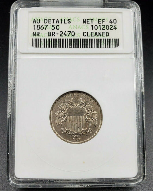 1867 P Shield Nickel Variety Coin RPD Repunched Date Breen-2470 ANACS AU Details