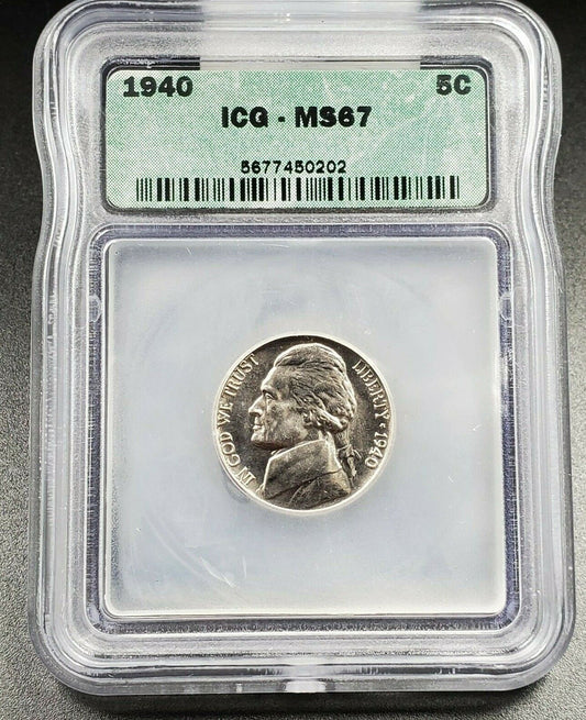 1940 P Jefferson Nickel Coin ICG MS67 Gem BU Uncirculated No Toning