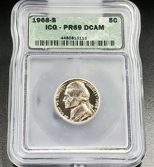 1968 S Jefferson Nickel Coin Vintage ICG PR69 DCAM Deep Cameo Gem Cameo Proof