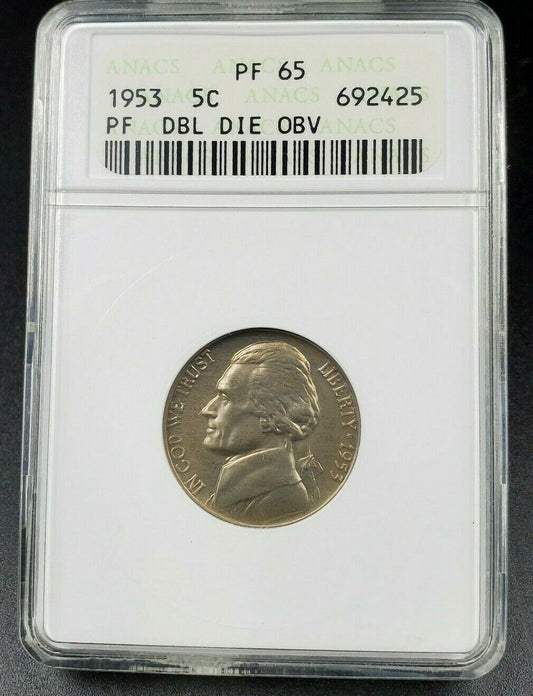 1953 P Proof Jefferson Nickel PF65 ANACS Double Die Obverse DDO FS-101