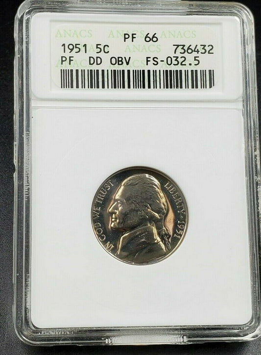 1951 Proof Jefferson Nickel Variety ANACS PF66 DDO FS-032.5 FS-101 Double Die