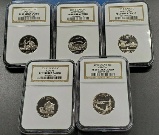 2005 S Complete 5 Coin Clad Proof Quarter Set NGC Graded PF69 UCAM Brown Label