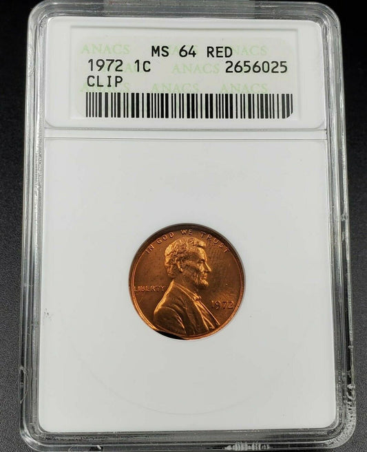 1972 P Lincoln Memorial Cent Penny Coin ANACS MS64 Error Clipped Rim Planchet