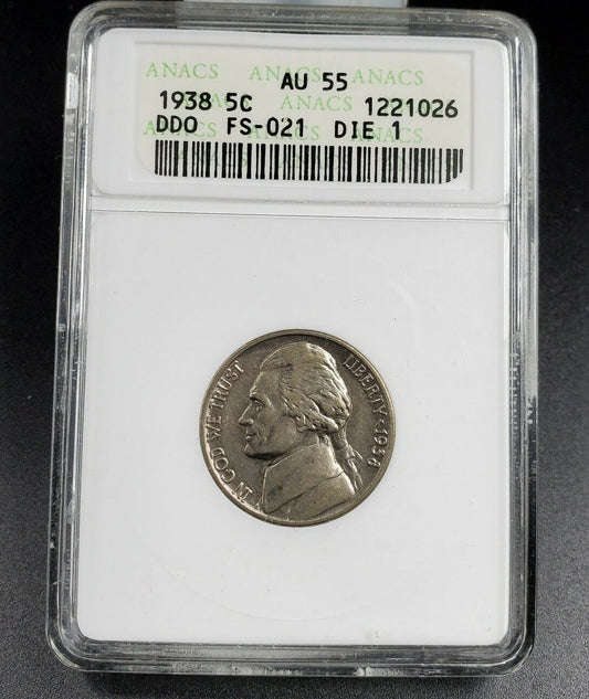 1938 Jefferson Nickel Coin Variety 5c ANACS AU55 DDO FS-021 FS-101 DoubleDie