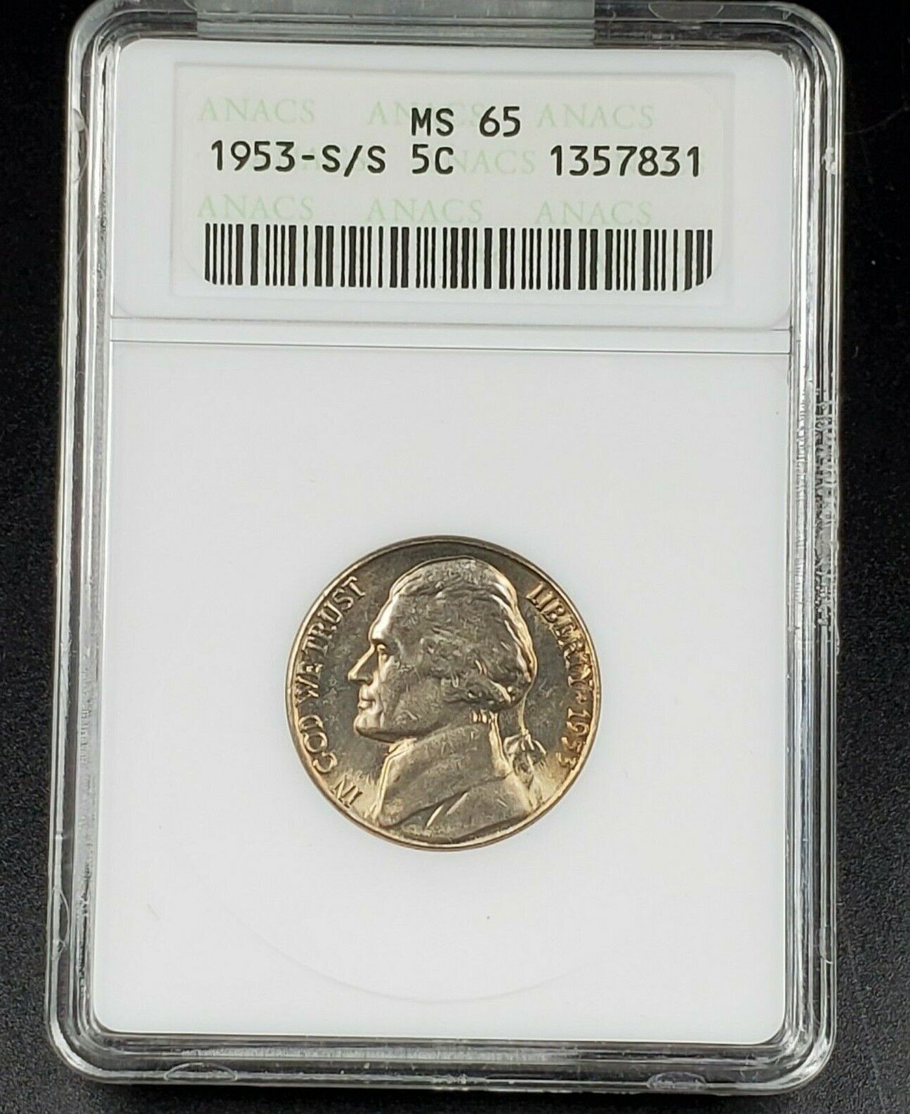1953 S S/S Jefferson Nickel Coin ANACS MS65 Gem BU UNC RPM 006 DMR-007