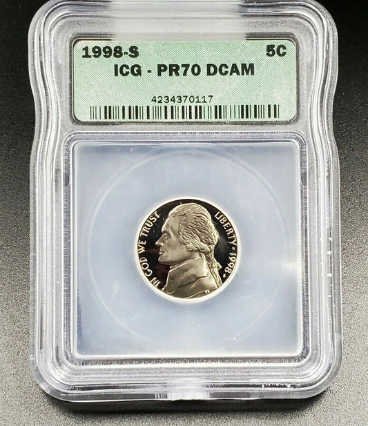 1998 S Jefferson Nickel Coin ICG PR70 DCAM Deep Cameo Gem Proof