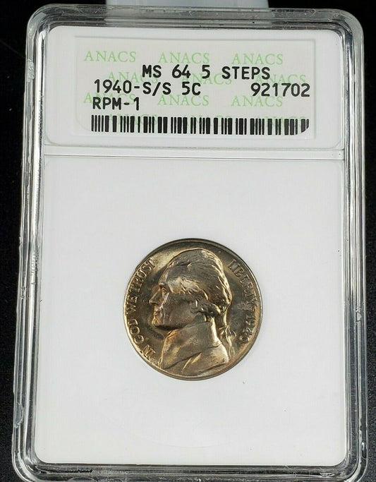 1940 S S/S Jefferson Nickel Variety Coin MS64 5FS RPM 001 FS-501 ANACS CH/GEM BU