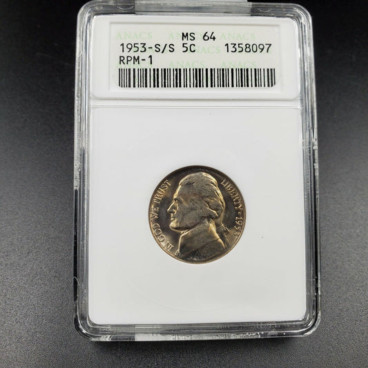 1953 S S/S Jefferson Nickel Coin Vintage ANACS MS64 RPM 001 DMR-002