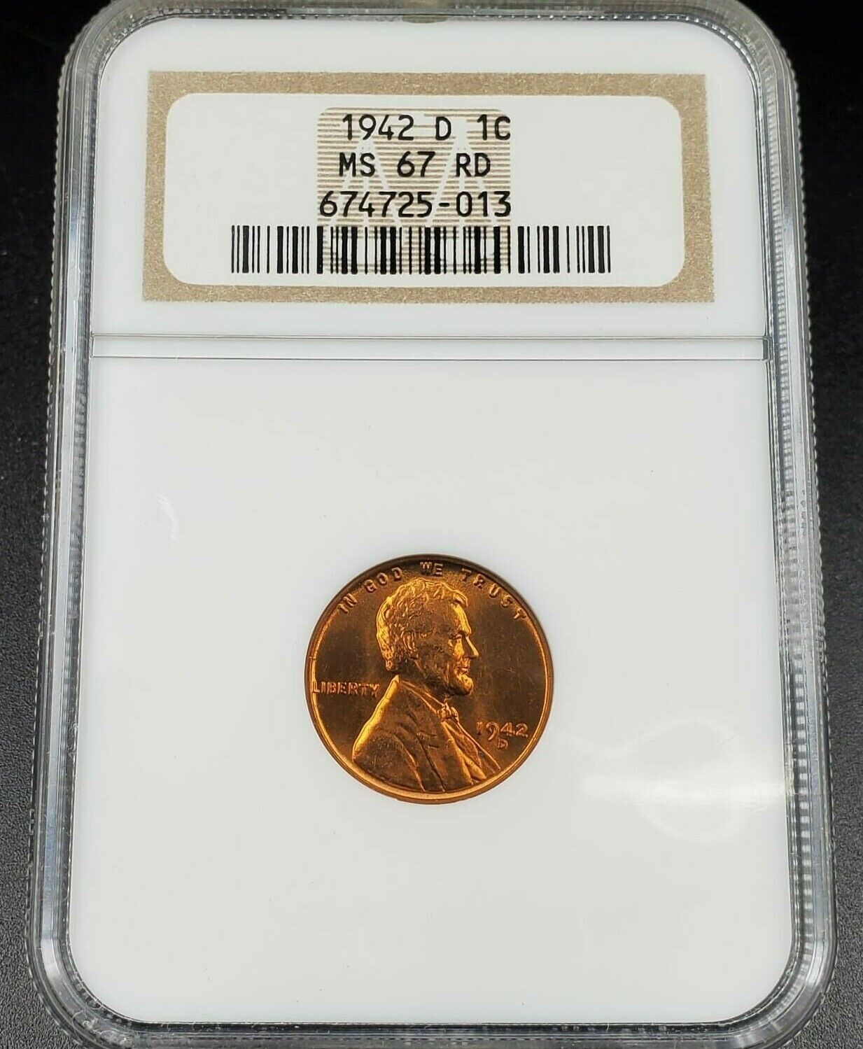 1942 D Lincoln Wheat Cent Penny Coin NGC MS67 RD GEM BU DENVER CERTIFIED PRE WW2