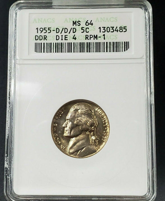 1955 D D/D/D Jefferson Nickel Coin DDR Die 4 RPM 001 Variety Error ANACS MS64