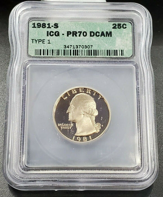 1981 S Washington Clad Proof Quarter Coin PR70 ICG 25c Deep DCAM Type 1 Variety