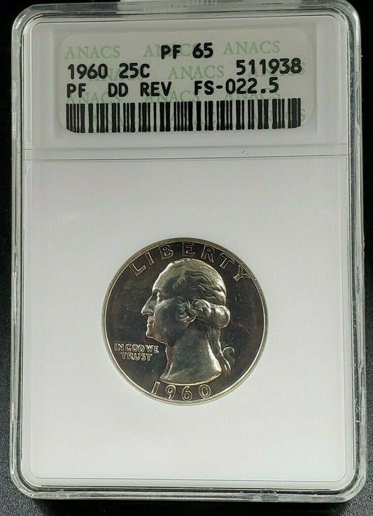 1960 25c Washington Silver Quarter ANACS PF65 FS-022.5 FS-801 DDR Double Die