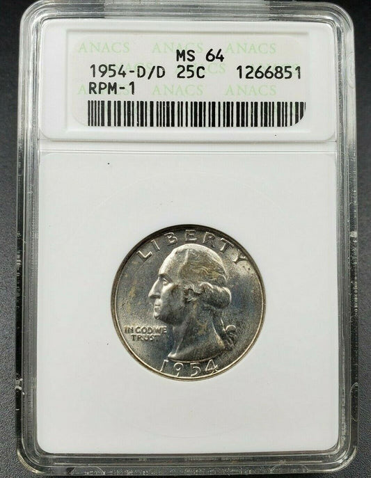 1954 D/D Washington Quarter 25c ANACS MS64 RPM-001 RPM DMR-002 Variety Coin