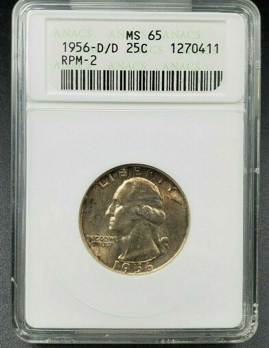 1956 D D/D 25c Washington Quarter Coin Variety MS65 ANACS RPM-002 DMR-004 GEM BU