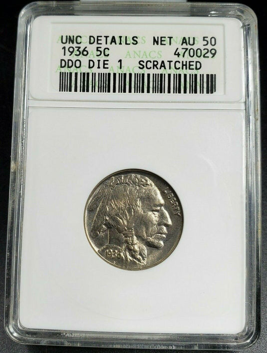 1936 P Buffalo Nickel Variety Coin ANACS UNC Details DDO FS-101 DMR-004 Double