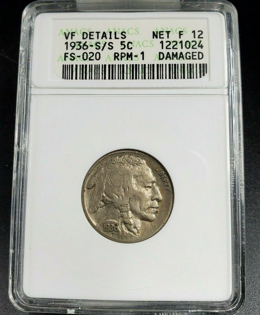 1936 S Buffalo Nickel Variety Coin ANACS VF Details RPM S/S FS-501 FS-020