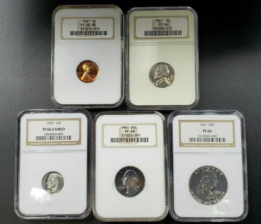 1961 P Complete 5 Coin Proof Set NGC Graded Brown Label PF 66 68 W 2 Fat Holders