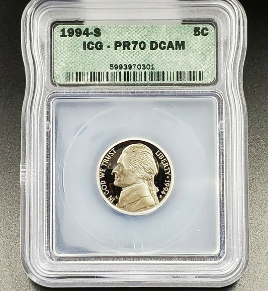 1994 S Jefferson Nickel Coin ICG PR70 DCAM Perfect Deep Cameo Proof Type 1