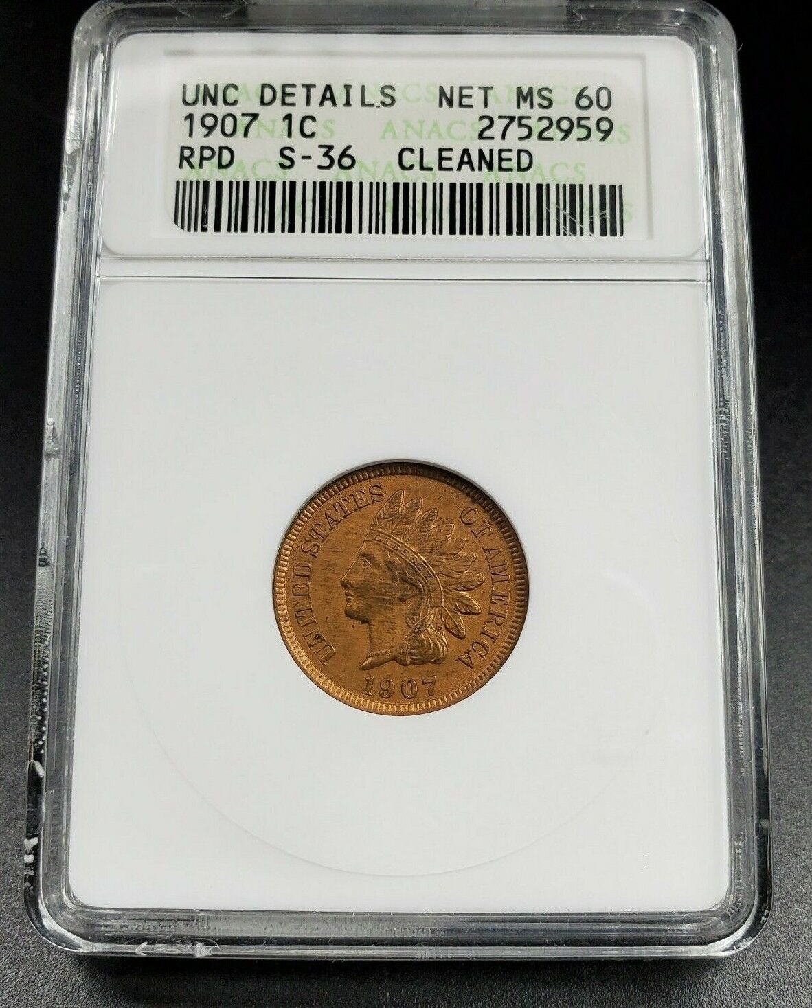 1907 P Indian Cent Penny Coin ANACS Unc Details RPD S-36 Repunched Date