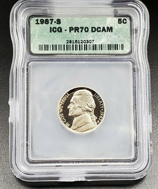 1987 S Jefferson Nickel Coin ICG PR70 DCAM Perfect Deep Cameo Proof Type 1