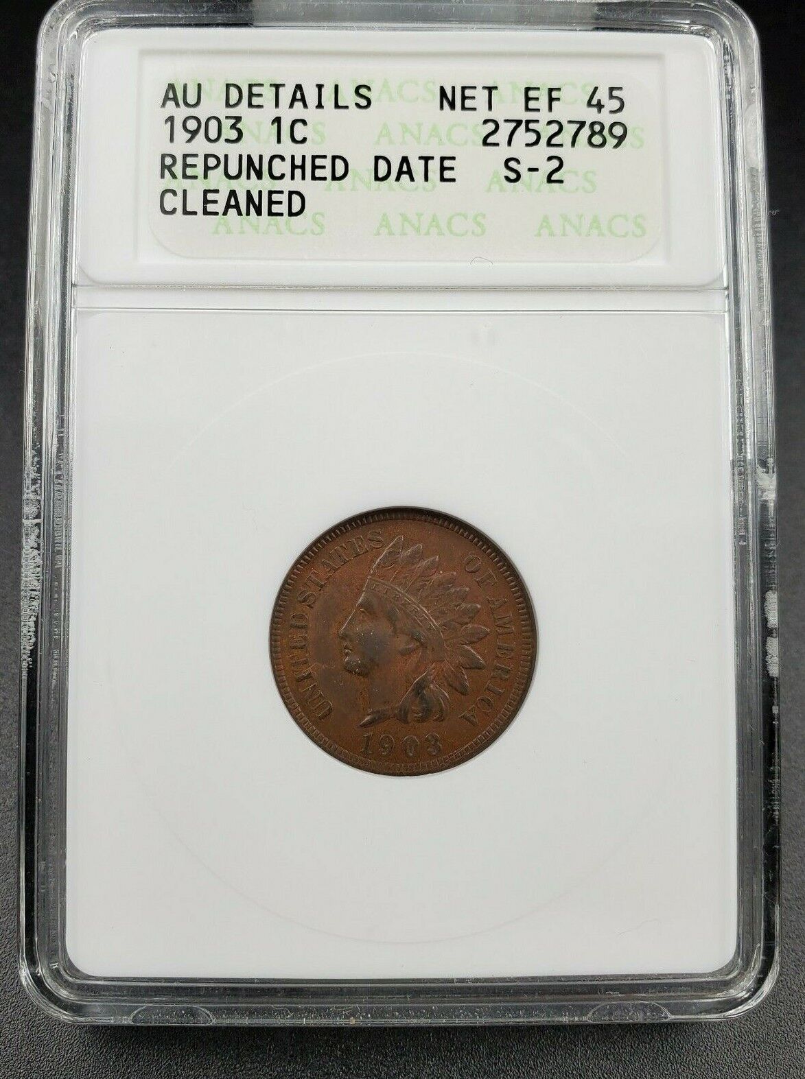 1902 Indian Cent Penny Error Variety ANACS AU Details S-4 RPD-004 Repunched Date