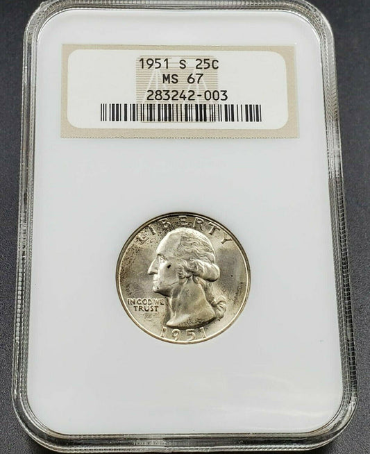 1951 S 25C Washington Quarter Coin NGC MS67 GEM BU OFH OLD FAT HOLDER RETRO Tone