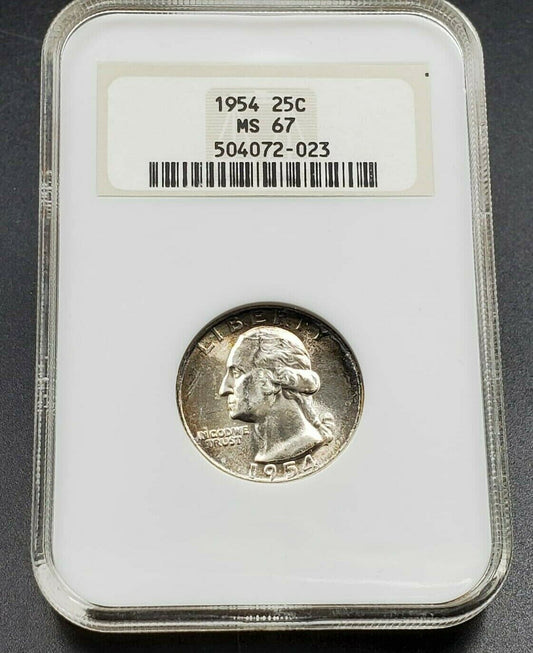 1954 P 25C Washington Quarter Coin NGC MS67 GEM BU OFH Old Fat Holder Toner