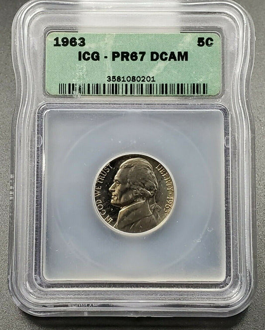 1963 P Jefferson Clad Nickel Coin Vintage ICG PR67 DCAM Combo Ship Discounts