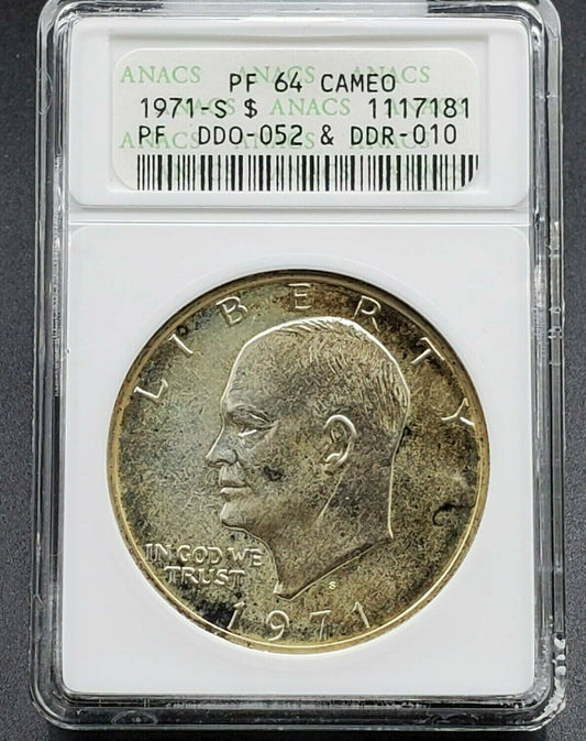 1971 S $1 Ike Eisenhower Dollar Coin ANACS PF64 Cameo Variety DDO 052 DDR 010