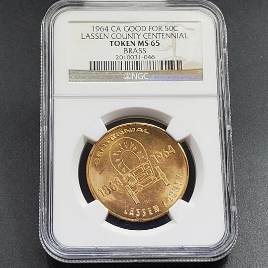 CALIFORNIA Brass TOKEN 1864 - 1964 CENTENNIAL LASSEN COUNTY CAN NGC MS65 GEM BU