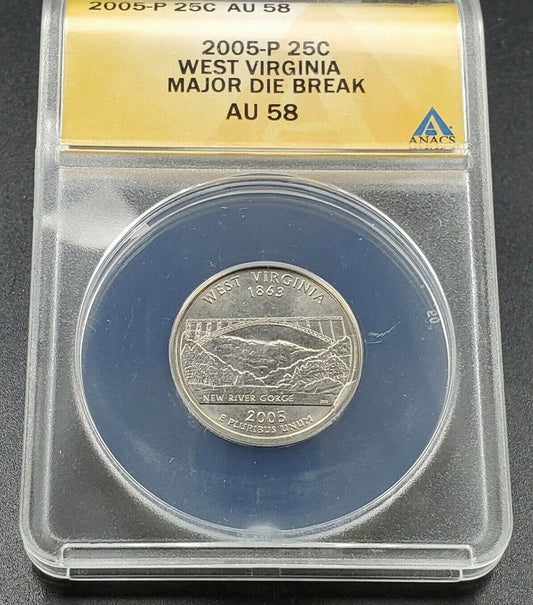 2005 West Virginia State Statehood Quarter ANACS AU58 Major Die Break Error Coin