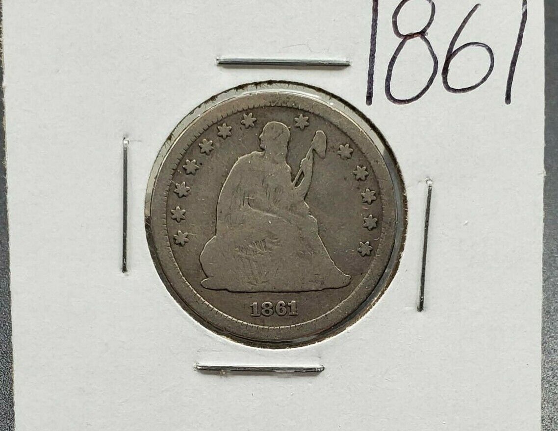 1861 P Seated Liberty Silver Quarter Coin Circ CHOICE VG / FINE CIVIL WAR ERA