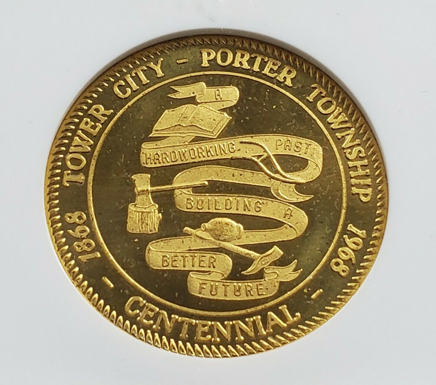 1968 USA Michigan Howard City Centennial Brass Medal Token NGC MS65 Gem BU