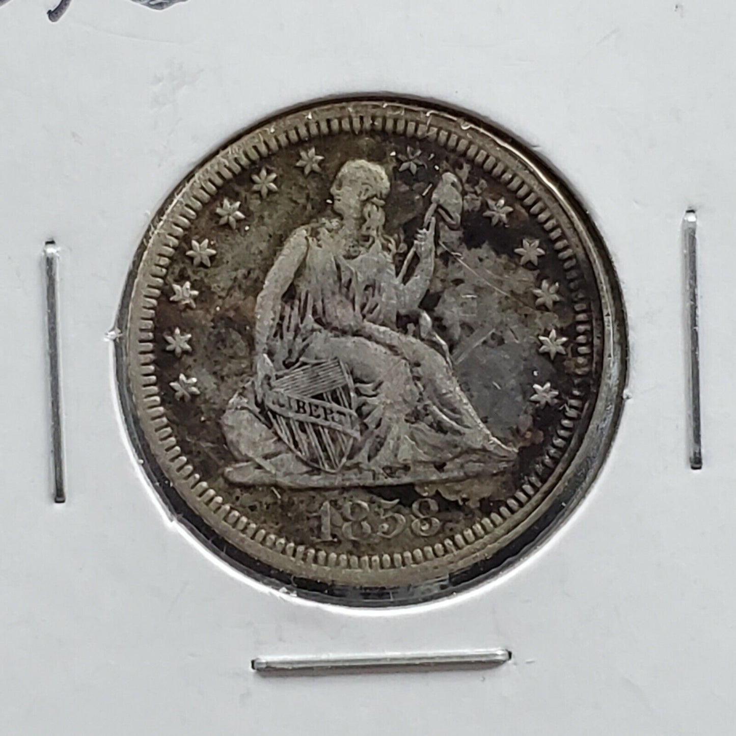 1858 P Seated Liberty Silver Quarter Coin VF Very Fine Condition Some Toning