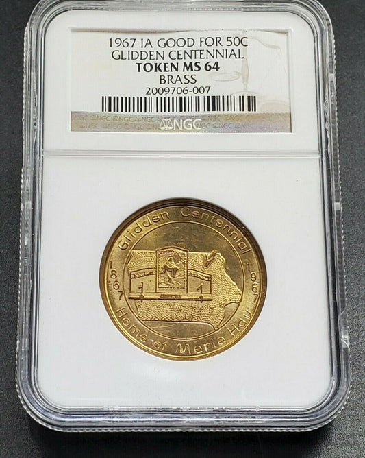 1867 - 1967 Glidden IA Centennial Medal Good for 50 Cents token 31.5mm NGC MS64
