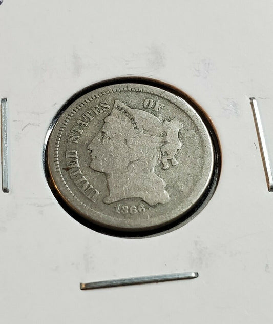 1866 3c Liberty Three Cent Nickel Coin VG Light Struck Thru Through Grease Error