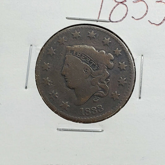 1833 1c Coronet Head Large Cent Penny US Copper Choice Fine ~ 25% Rotated Die