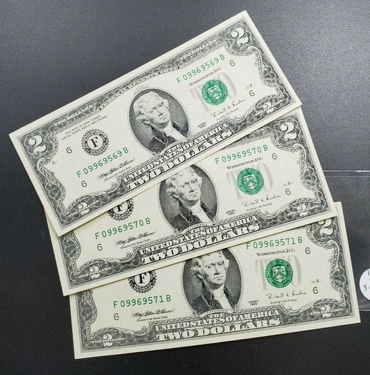 3 Consecutive 1995 $2 Two Dollar Green Seal Federal Reserve NOTE FRN Choice UNC