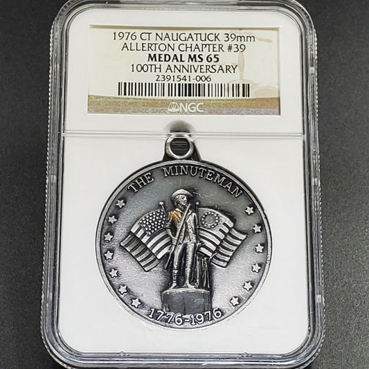 Naugatuck Conn Centennial The Minuteman 1776-1976 Bicentennial MEDAL NGC MS65