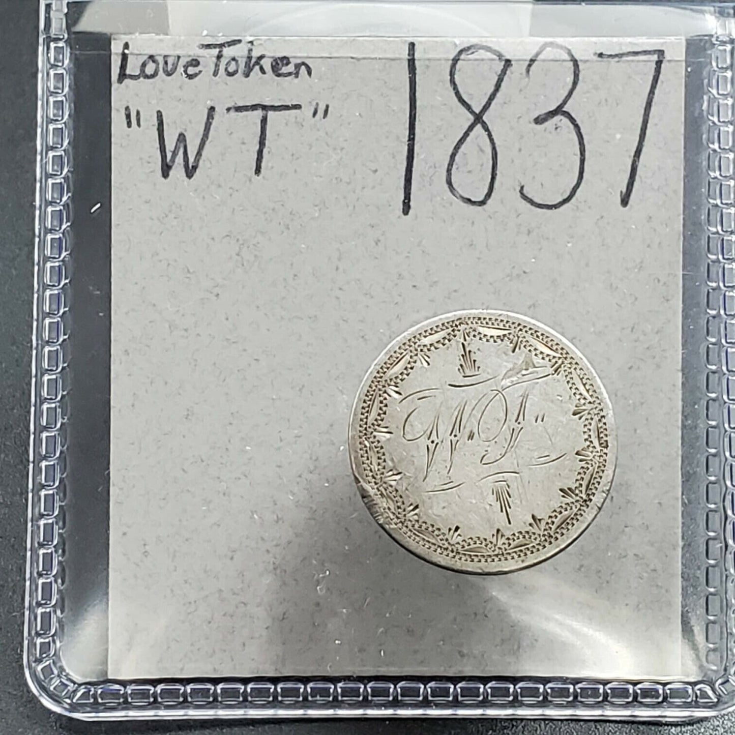 1837 Capped Bust Dime Engraved Love Token Pendant WT W.T Initials Logo