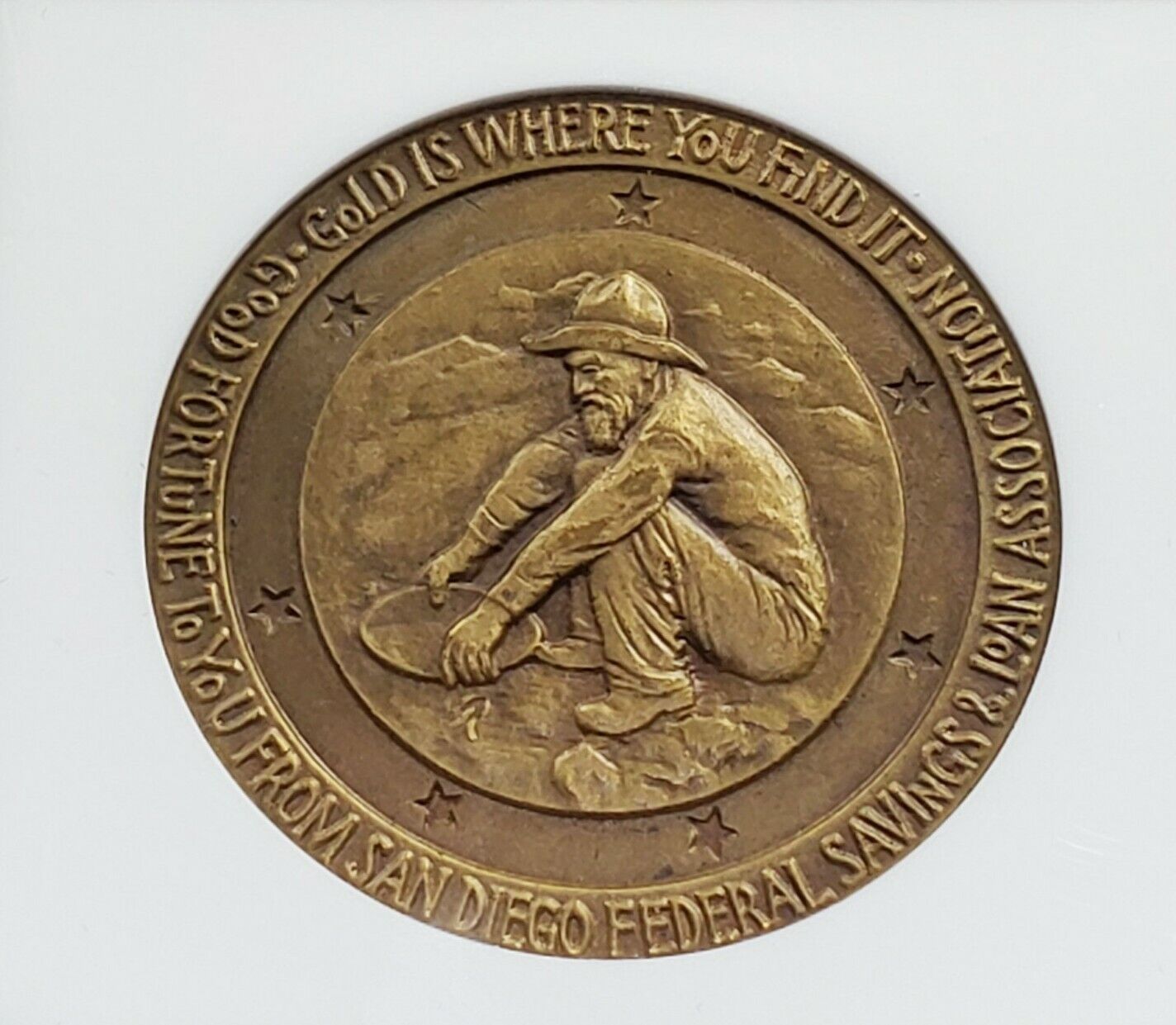 1955 San Diego Federal Savings & Loan Association Medal Gold Miner NGC MS65 Gem