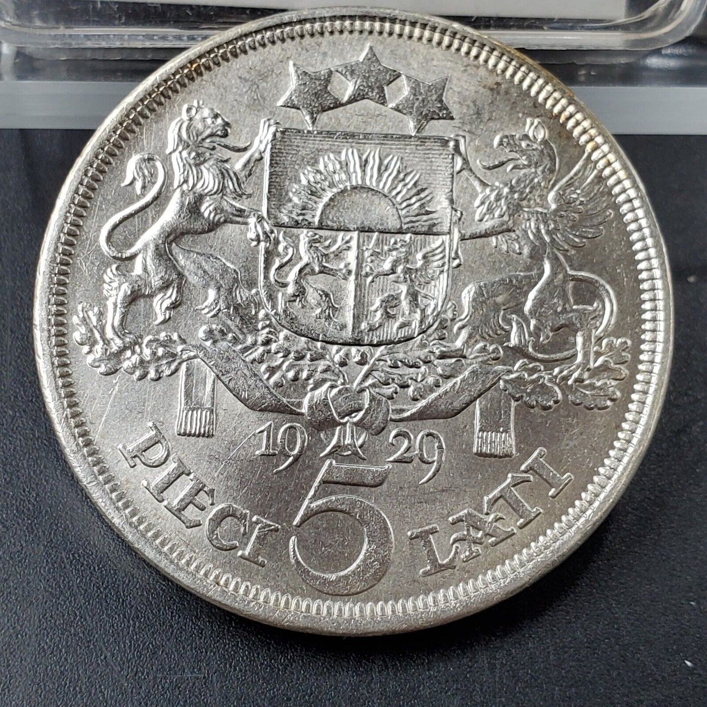 1929 Latvia 5 Lati Silver Coin  BU UNC KM9