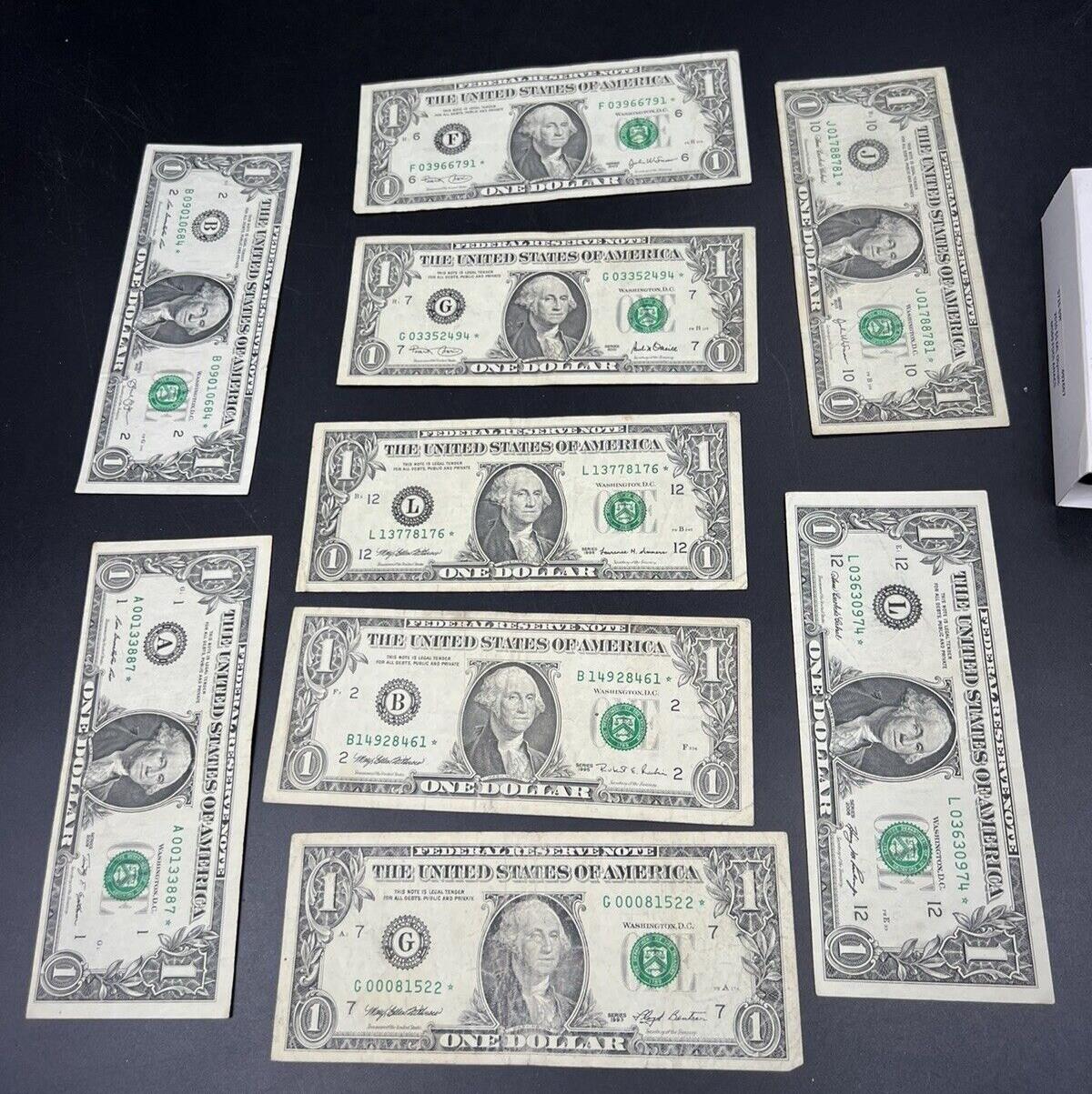 9 Different $1 FRN * Star Notes Set 1993 - 2013 Federal Reverse Notes
