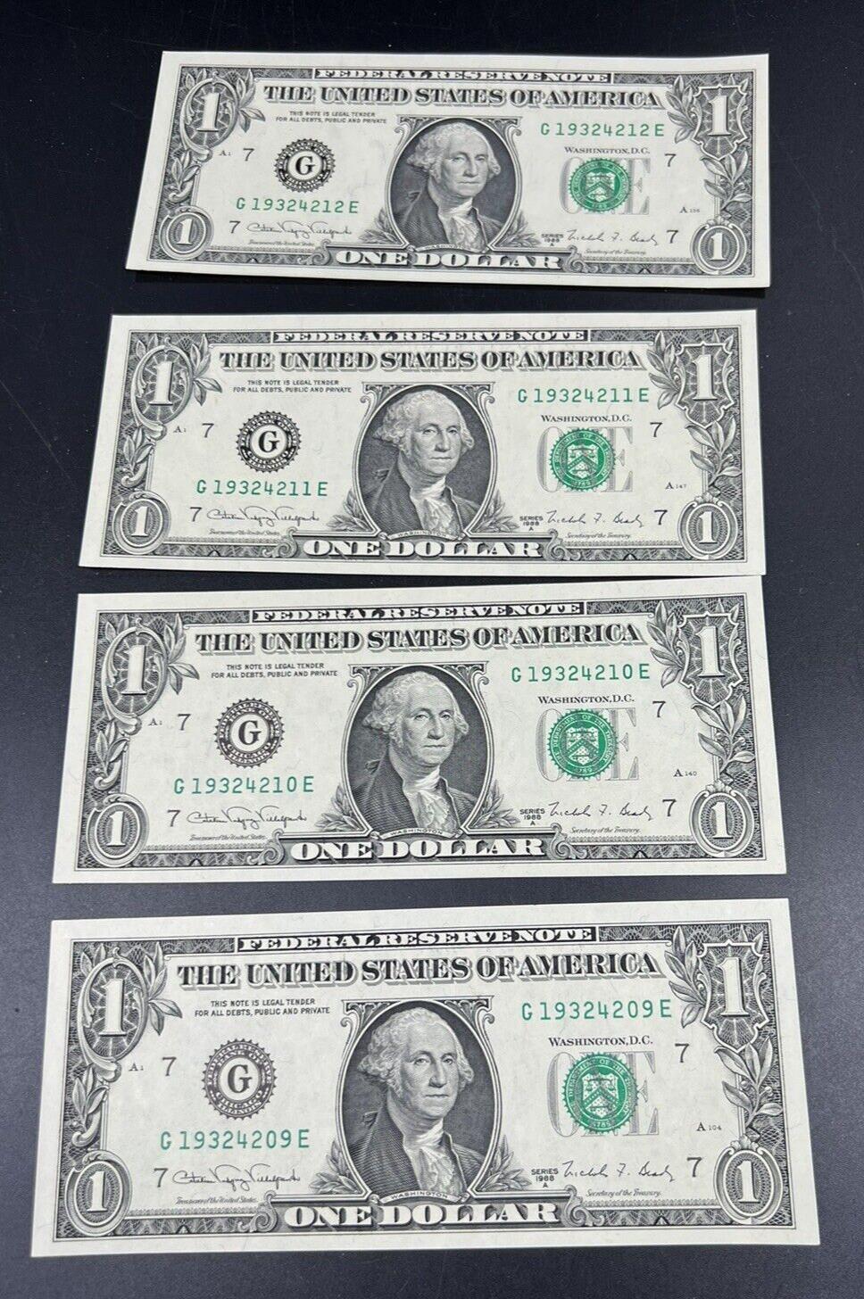 Lot of 4 Consecutive 1988 A $1 FRN Federal Reserve Note One Dollar Bill CH UNC