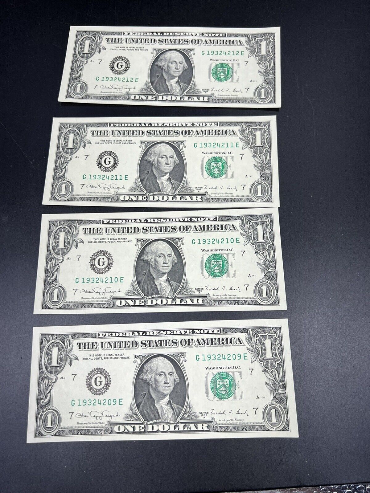 Lot of 4 Consecutive 1988 A $1 FRN Federal Reserve Note One Dollar Bill CH UNC